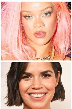 two different pictures of a woman with pink hair and blue eyes, one is smiling