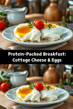 two plates filled with cottage cheese and eggs