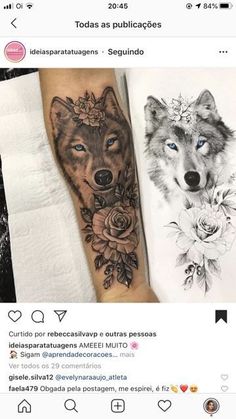 two wolfs with roses on their arm