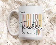 a white coffee mug with the words best english teacher on it