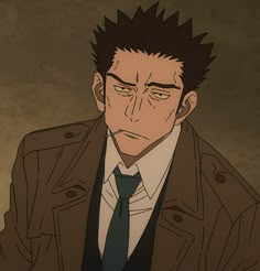 an anime character wearing a suit and tie with his eyes closed, staring at the camera