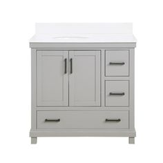 a bathroom vanity with two drawers and a white counter top on an isolated white background