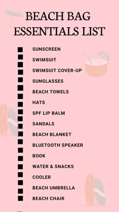 the beach bag essentials list is shown in black and white on a pink background