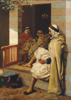 a painting of people sitting on steps with one person holding a cane and the other looking at something