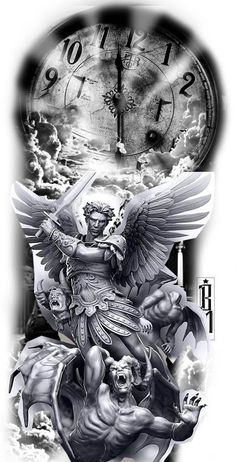 a drawing of an angel and demon with a clock in the background