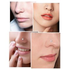 four different images of woman's face with diamond nose piercings on their lips