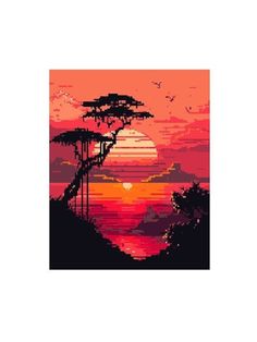 a sunset with trees and birds flying in the sky at dusk, as seen from a cross stitch pattern