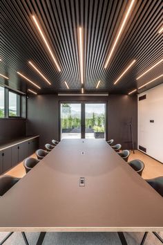 an empty conference room with chairs and tables