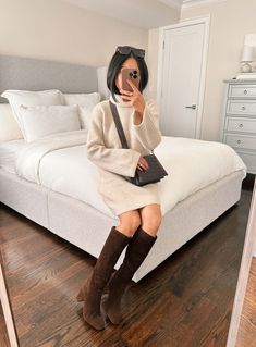 Brown Suede Boots Outfit, Tall Brown Boots Outfit, Tall Brown Suede Boots, Suede Boots Outfit, Chunky Knit Sweater Dress, Long Sweater Jacket, Shoes For Fall