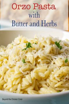 pasta with butter and herbs in a white bowl