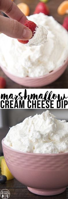 two bowls filled with cream cheese dips on top of a wooden table next to fruit