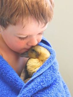 a young boy wrapped in a blue towel holding a yellow bird