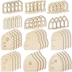 an assortment of wooden doors and windows with archeds on each side, all in different sizes