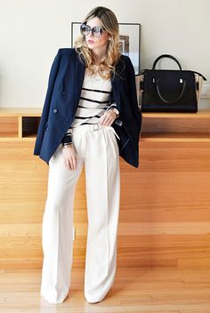 Navy Stripe Top Outfit, Double Breasted Navy Blazer, Navy Blazer Outfits, Striped Top Outfit, Wide Leg Trousers Outfit, Striped Sweater Outfit, White Pants Outfit, White Wide Leg Pants, Blazer Outfits For Women