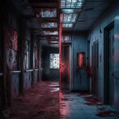 an empty hallway with red light coming from the ceiling and doors on both sides,