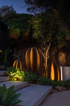 the lights are on in front of some plants and rocks at night time, along with concrete steps leading up to a tree lined hillside