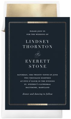 a black and gold wedding card with the words, lindsey thornton & everet stone on it