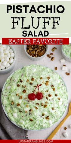 Pistachio Fluff Salad  for Easter Pinterest pin. Pistachio Jello Dessert, Green Fluff Salad, Pistachio Fluff Salad, Salad For Easter, Pistachio Pudding Salad, Green Fluff, Pistachio Fluff, Lime Jello Salads, Pineapple Fluff