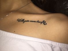 a woman with a tattoo on her chest that says, why can someone start it?