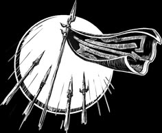 a black and white drawing of a person holding a large object with two swords on it