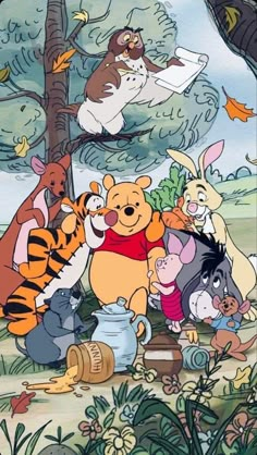 winnie the pooh is surrounded by other cartoon characters