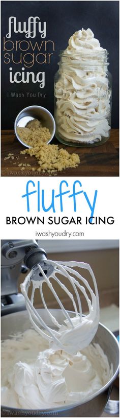 fluffy brown sugar icing in a bowl with a whisk