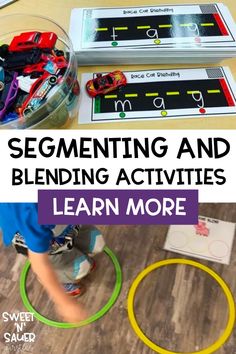 a kid playing with some toys on the floor and text overlay that reads, segmenting and blending activities learn more