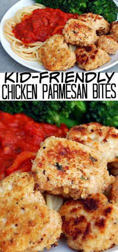 chicken parmesan bites on a plate with sauce and broccoli