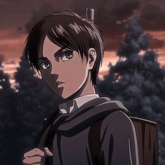 an anime character with brown hair and blue eyes standing in front of trees at sunset