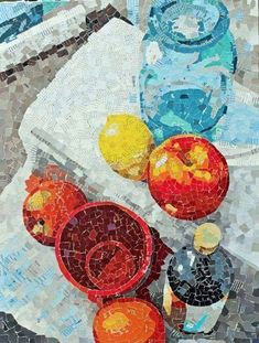 an abstract painting of fruit and water on a mosaic tile tablecloth with blue glass vases in the background