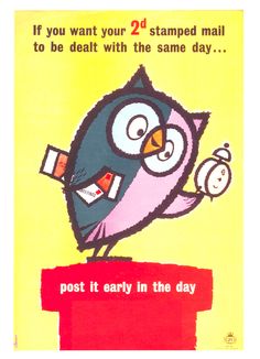 £1 - free delivery with code PINPOSTER   Post It Early in The Day by Harry Stevens (1960) Office Posters, Lost Art, Old Ads, Vintage Theme, Vintage Advertising, Blue Bedroom, Retro Illustration