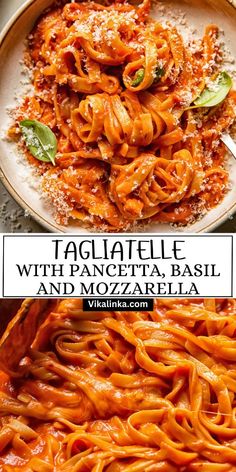 tagliatelle with pancetta basil and mozzarella in a bowl