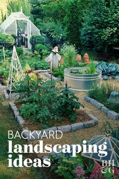 the cover of backyard landscaping ideas, with an image of a garden in the background