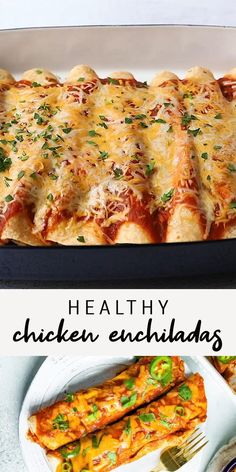 healthy chicken enchiladas in a baking dish and on a plate next to the casserole