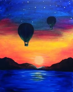 a painting of two hot air balloons floating in the sky at night with words goodnight sleep well