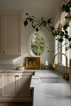 a kitchen with white cabinets and an oval window in the wall above the sink is filled with greenery