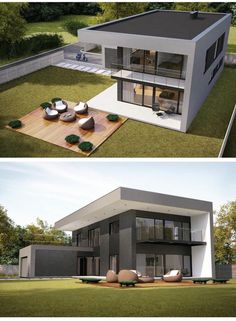 two pictures of a modern house in the grass