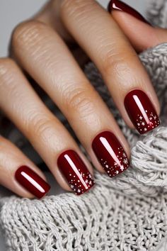 Burgundy Red Christmas Nails, Red And Glitter Christmas Nails, December Nail Art Designs, Red Tipped Christmas Nails, Christmas Red Dip Nails, Red And Silver Holiday Nails, Red Christmas Nail Designs Short, Christmas Nails 2024 Red, Short Red Holiday Nails