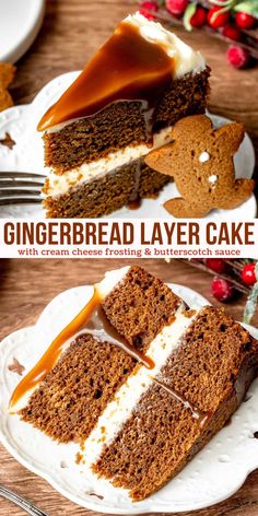 two slices of gingerbread layer cake with cream cheese frosting and butterscotch sauce