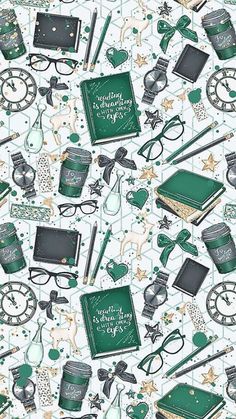 a green and white pattern with books, glasses, pens, scissors and other items