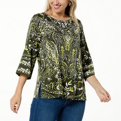 Colleen Lopez Woven Relaxed Fit Printed Top  This easy-breezy woven top features an amazing print that's sure to complement your style. It perfectly pairs with just about any pant, legging or skirt. Trendy Green Printed Top, Stretch Green Printed Top, Spring Green Top With Abstract Print, Spring Green Tops With Abstract Print, Spring Stretch Top With All Over Print, Green Abstract Print Top For Spring, Green Abstract Print Tops For Spring, Stretch Top With All Over Print For Spring, Casual Stretch Top With Abstract Print