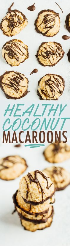 there are cookies with chocolate drizzled on them and the words healthy crissnoty macaroons