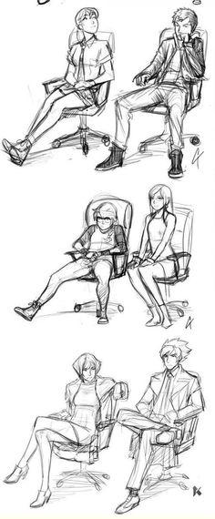 some sketches of people sitting in chairs with their feet on the ground and one person holding a