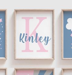 three framed pictures with the letters k, l, and person above them on a wall