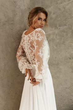 NATALY Wedding Dress With Lace Sleeves, Western Themed Wedding, Dresses Fancy, Geometric Lace, Voluminous Sleeves, Affordable Wedding Dresses, Dream Wedding Ideas Dresses, Bohemian Wedding Dress, Flower Motif