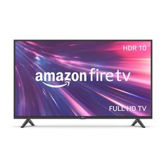 the fire tv is shown with an amazon logo on it and purple lights in the background