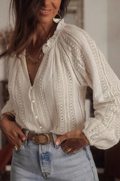 #ad Premium Quality Crochet Lace Button V-Neck Knit Sweater Blouse, Fashion Women's Sweaters Sezane Bianca Blouse, Womens Button Up Sweaters, Lace Back Sweater, V Neck Lace Sweater, V Nevk Sweater, Knitted Sweater With Lace, Womens Casual Blouses, Womens Blouses Fall, Laced Up Shirt