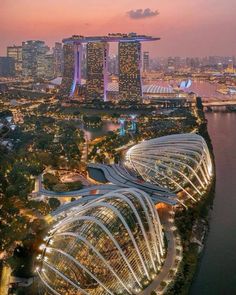 an aerial view of the gardens by the bay in singapore at night with lights on