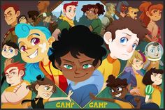 an image of a group of people that are in front of a camp sign with the words camp on it