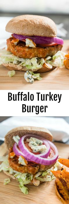 two pictures of a burger with lettuce, tomato and onion